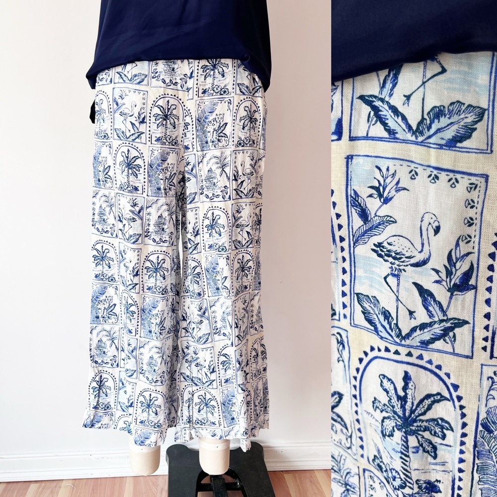 C&C California Wide Leg Pants Blue Tropical Flamingo Linen Pockets Medium